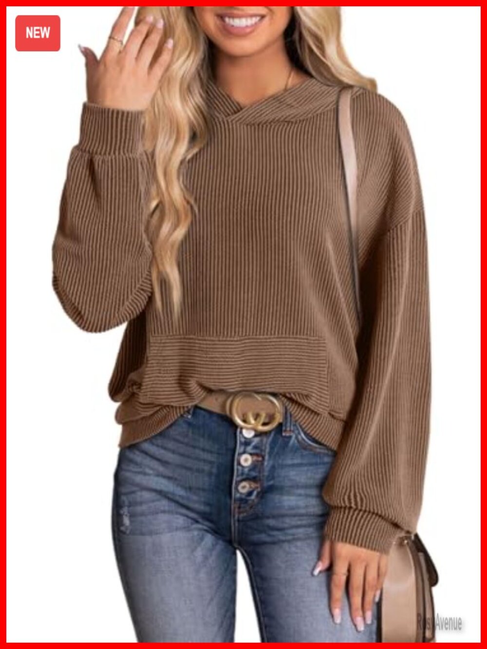 Ribbed Knit Oversized Hoodie Long Sleeve Pullover Sweatshirt